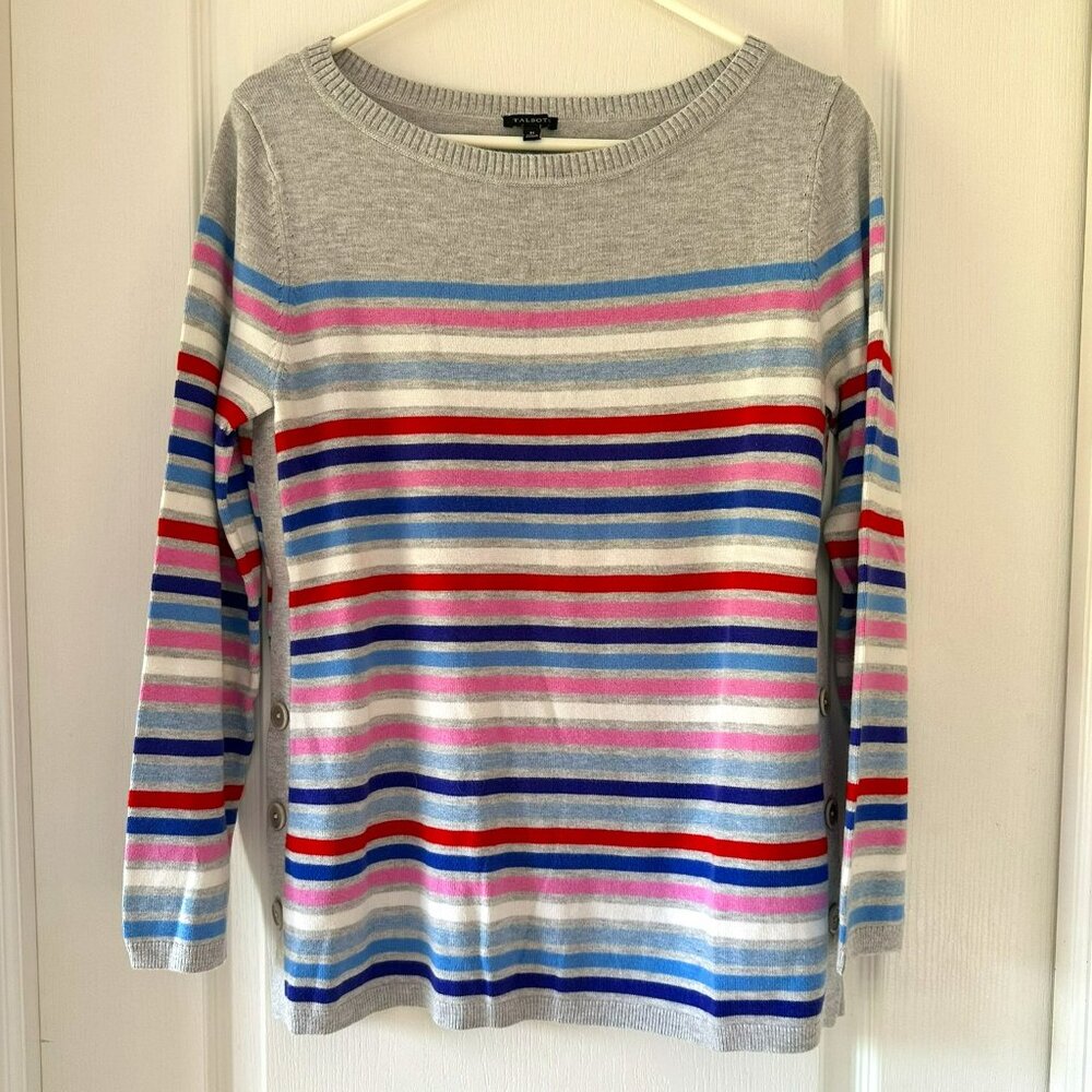 Talbots Gray & Colorful Stripes Long Pullover Sweater Misses Medium EUC